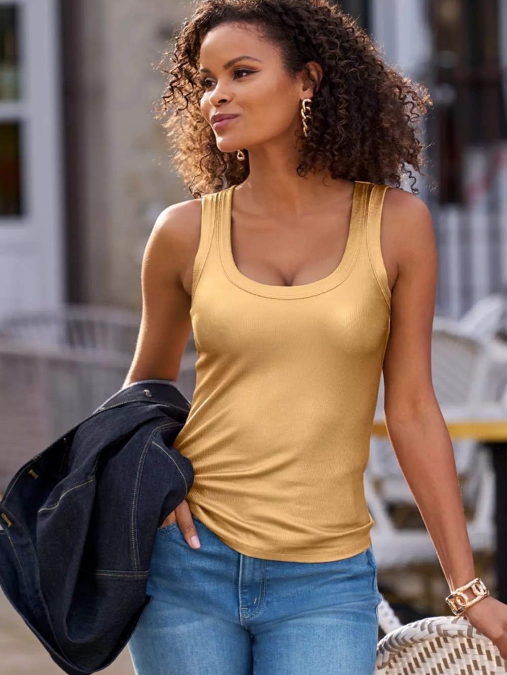 NWOT Boston Proper Gold So Essential Foil Ribbed Scoop Neck Tank Top Size Small